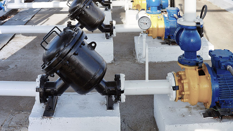 A system of valves in operation at a facility.